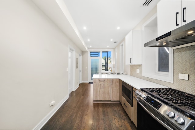 kitchen featuring decorative backsplash, kitchen peninsula, stainless steel appliances, extractor fan, and dark hardwood / wood-style floors