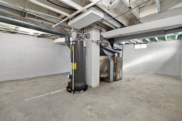 basement with heating unit and water heater