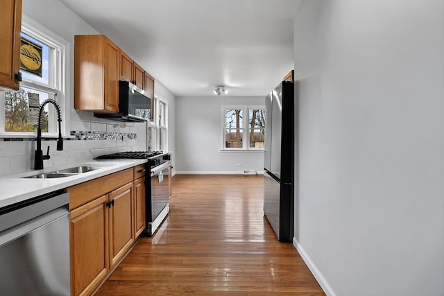 kitchen featuring hardwood / wood-style floors, a healthy amount of sunlight, sink, and stainless steel appliances