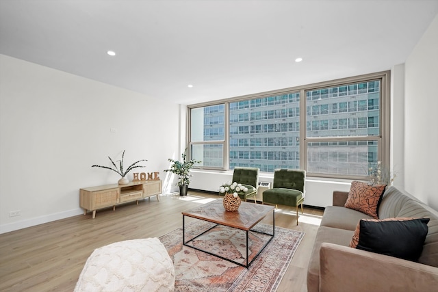 living room featuring floor to ceiling windows and light hardwood / wood-style flooring