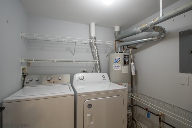 laundry room with electric panel, washer and clothes dryer, and gas water heater