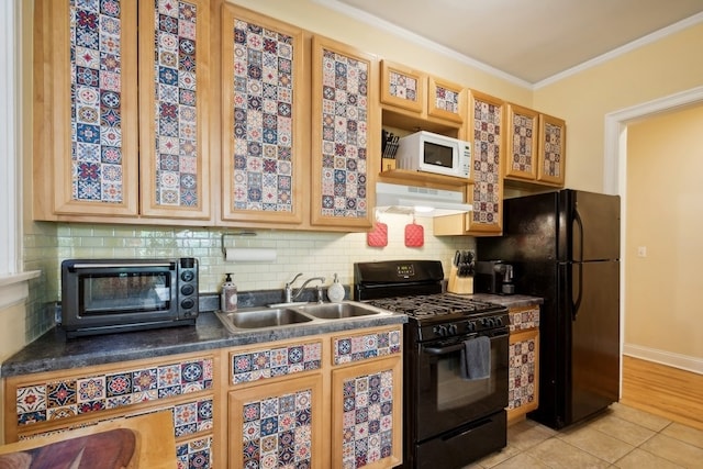 kitchen with tasteful backsplash, ornamental molding, ventilation hood, sink, and black appliances