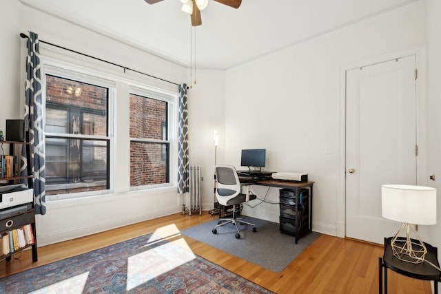 office space with hardwood / wood-style flooring, ceiling fan, and radiator