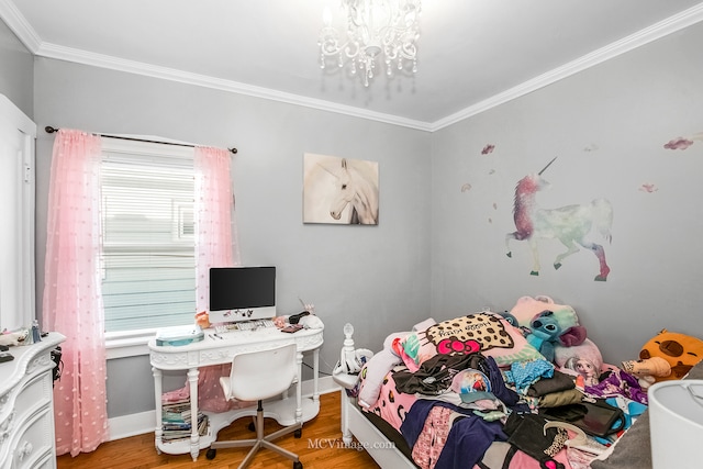 bedroom featuring wood-type flooring, crown molding, and an inviting chandelier