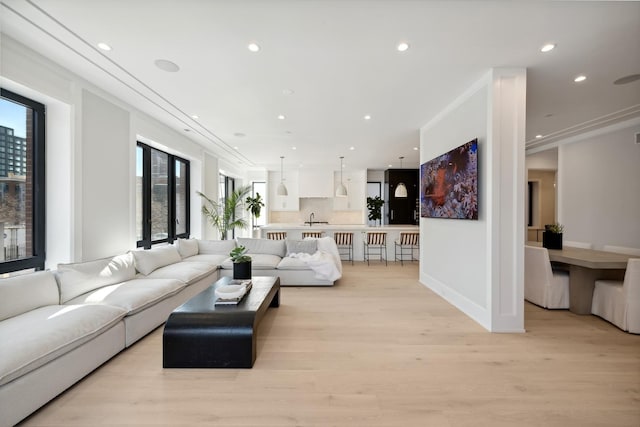 living room featuring sink, light hardwood / wood-style flooring, and ornamental molding