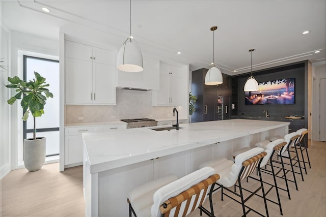 kitchen with light hardwood / wood-style floors, a spacious island, white cabinetry, and sink