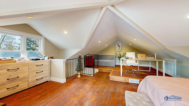 bedroom with baseboards, vaulted ceiling, hardwood / wood-style floors, and recessed lighting
