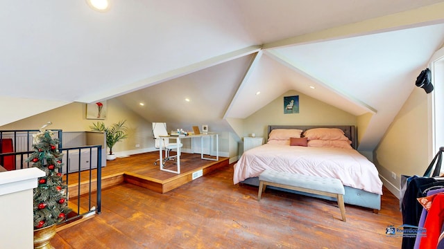 bedroom featuring recessed lighting, lofted ceiling, and hardwood / wood-style flooring