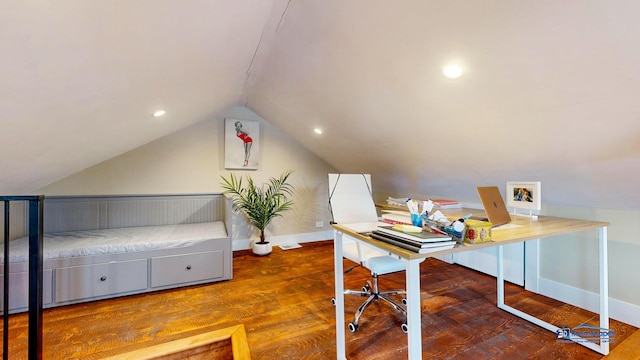 office with lofted ceiling, baseboards, wood finished floors, and recessed lighting