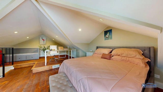 bedroom with recessed lighting, vaulted ceiling, hardwood / wood-style floors, and visible vents