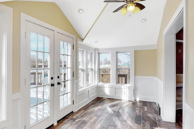 interior space with french doors, ceiling fan, and lofted ceiling