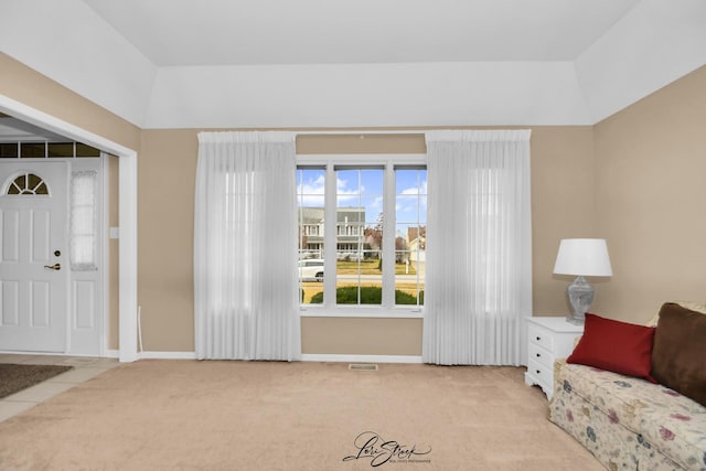 carpeted living room with a raised ceiling