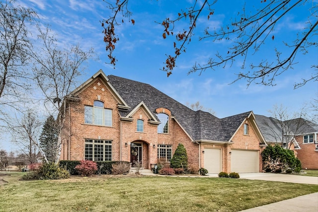 view of front of house with a garage, driveway, brick siding, and a front lawn