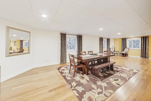 dining space featuring baseboards, a drop ceiling, wood finished floors, and recessed lighting