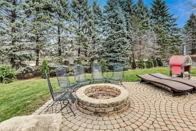 view of patio / terrace featuring an outdoor fire pit and grilling area