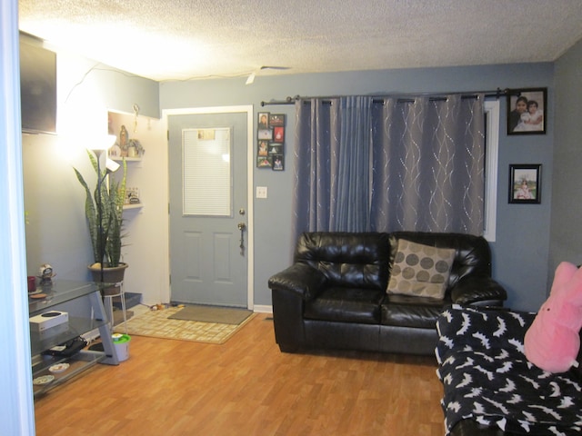 living room with wood-type flooring and a textured ceiling