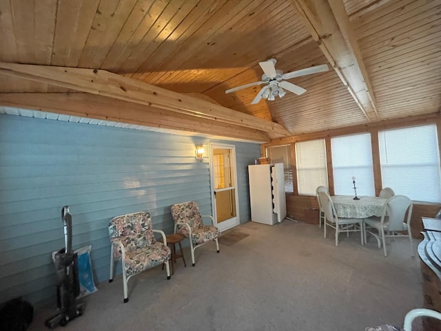 sunroom / solarium featuring ceiling fan, lofted ceiling, and wooden ceiling