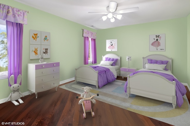 bedroom with ceiling fan and dark hardwood / wood-style flooring