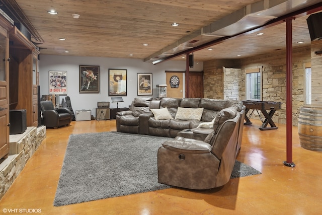 living room with wooden ceiling