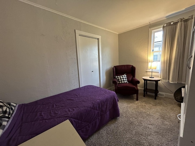 bedroom featuring carpet floors and ornamental molding