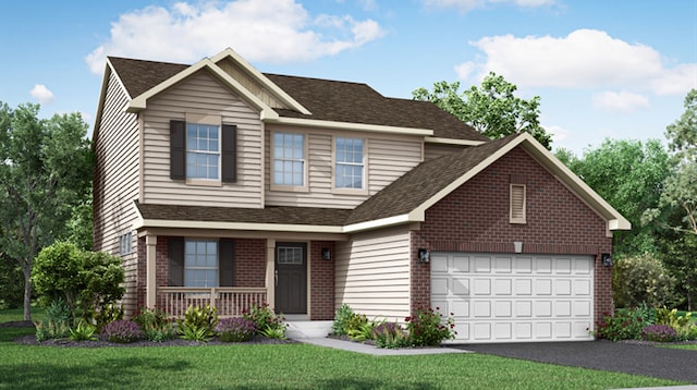 view of front facade with a front lawn, covered porch, and a garage