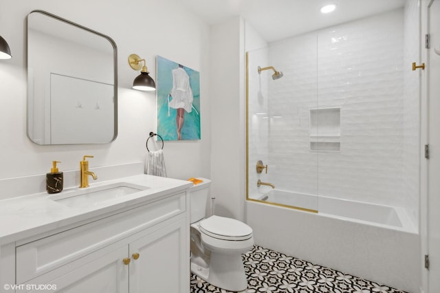 bathroom with vanity, bathing tub / shower combination, toilet, and recessed lighting