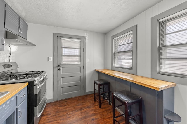 1326 Arthur Ave, Joliet, IL 60432 - kitchen with wood counters, stainless steel range with gas cooktop, range hood, dark wood finished floors, and a textured ceiling