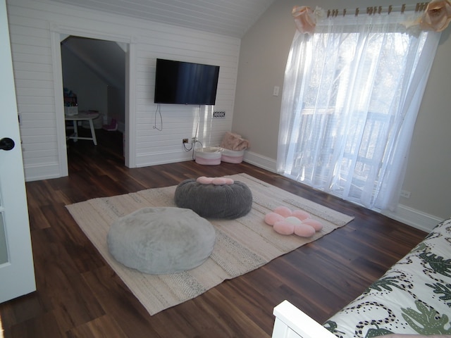 living room featuring dark hardwood / wood-style flooring and vaulted ceiling