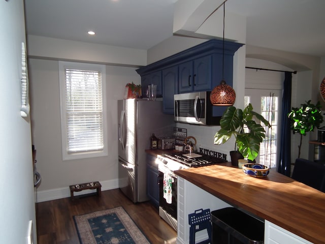 kitchen with butcher block countertops, dark hardwood / wood-style flooring, blue cabinets, and appliances with stainless steel finishes