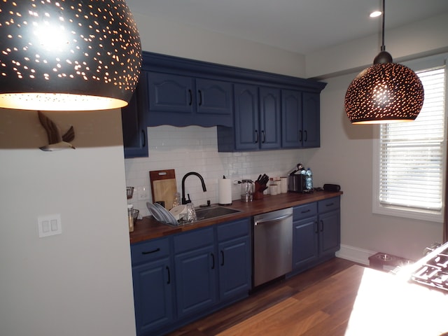 kitchen featuring dishwasher, dark hardwood / wood-style floors, blue cabinets, and wooden counters