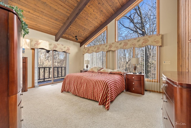 bedroom with beamed ceiling, high vaulted ceiling, access to outside, light carpet, and wood ceiling