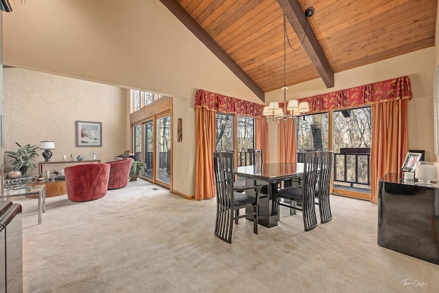 carpeted dining room with beam ceiling, high vaulted ceiling, wood ceiling, and an inviting chandelier