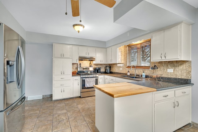 kitchen with white cabinets, decorative backsplash, sink, and appliances with stainless steel finishes