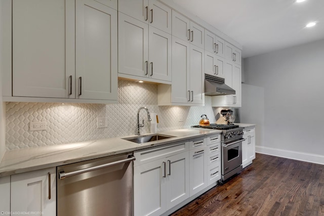 kitchen featuring stainless steel appliances, a sink, white cabinets, and under cabinet range hood