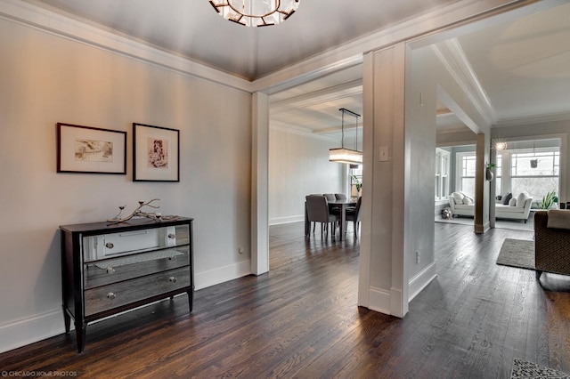 corridor featuring dark wood-style floors, ornamental molding, and baseboards