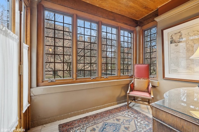 unfurnished room with wooden ceiling