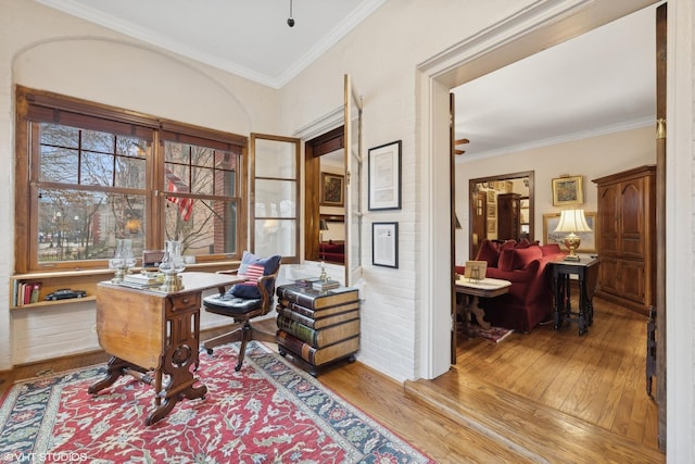 office with ornamental molding and light hardwood / wood-style floors