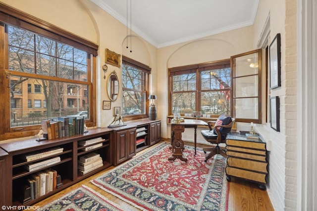 office with crown molding, a wealth of natural light, and light wood-type flooring