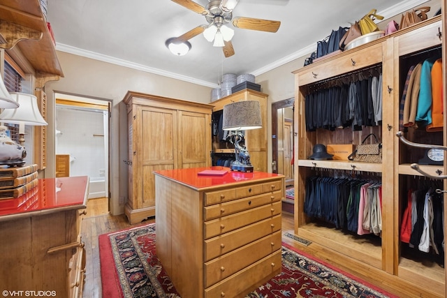 spacious closet featuring ceiling fan and light hardwood / wood-style floors