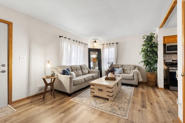 living room with light hardwood / wood-style flooring