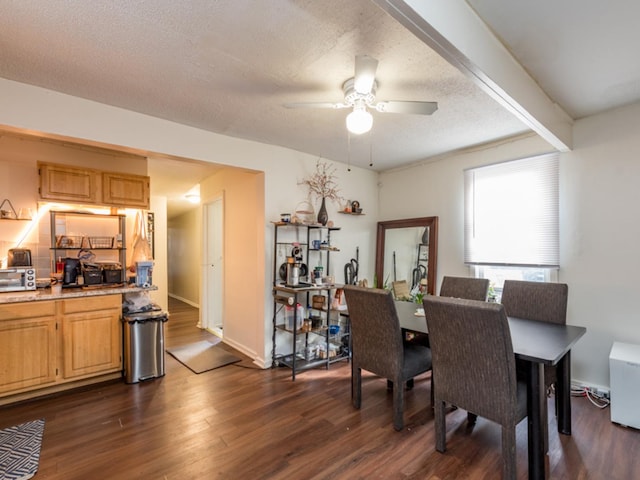 dining room featuring ceiling fan, dark hardwood / wood-style flooring, and a textured ceiling