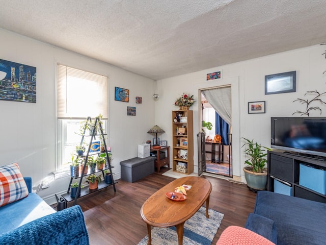 living room with dark hardwood / wood-style flooring and a textured ceiling