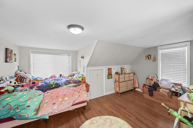 game room with lofted ceiling and dark wood-type flooring