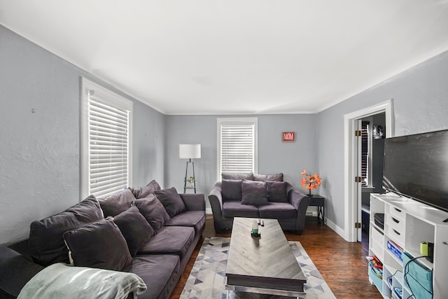 living room with dark wood-type flooring and a healthy amount of sunlight