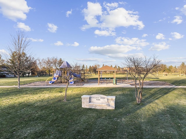 view of play area with a gazebo and a yard