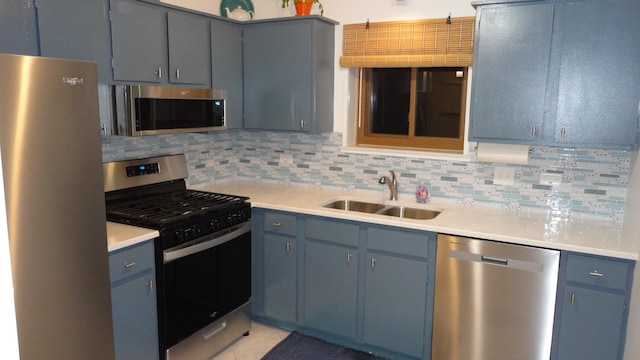 kitchen with stainless steel appliances, blue cabinets, and sink