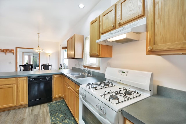 kitchen with dishwasher, sink, white range with gas stovetop, a chandelier, and light wood-type flooring