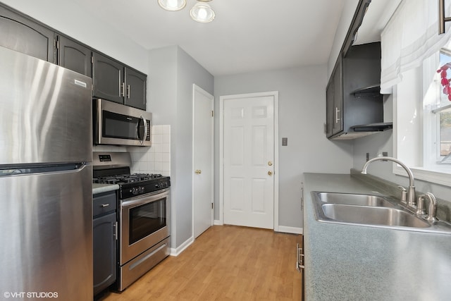 kitchen with tasteful backsplash, sink, light wood-type flooring, and appliances with stainless steel finishes