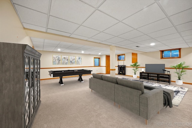 living room featuring a drop ceiling, light colored carpet, and billiards