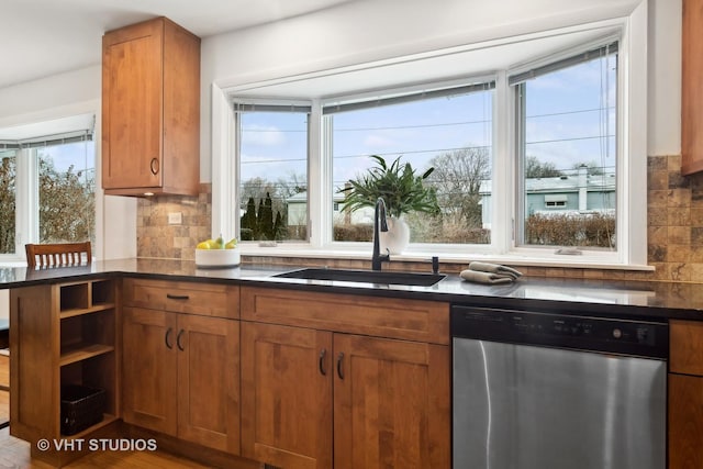 kitchen with decorative backsplash, a healthy amount of sunlight, sink, and stainless steel dishwasher